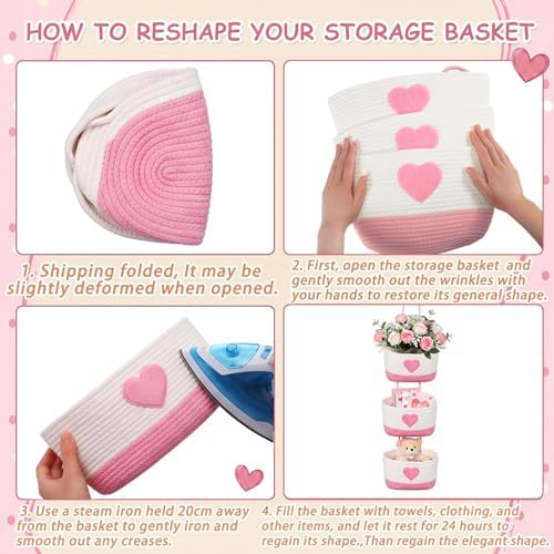 3-tier Heart Theme Cotton Rope Hanging Basket Organizer, Wall Storage Bin - Image 3
