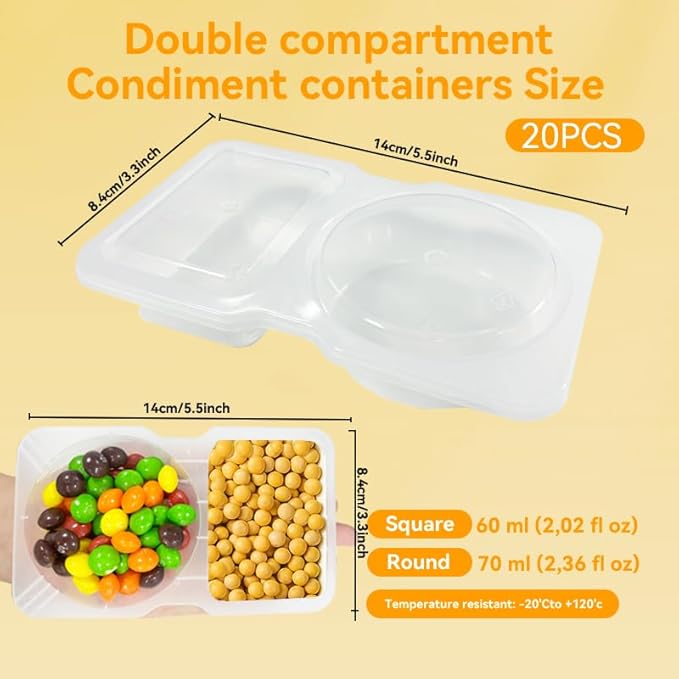 20 Set Reusable 2 Compartment Snack Containers, Portable Food Boxes for Salad Yogurt Cereal Sauce, Portion Control for Refrigeration Travel Outdoor Takeaway