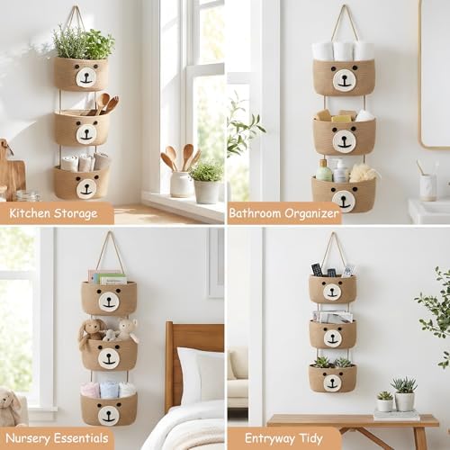 Cute Bear Hanging Baskets, 3-Tier Woven Cotton Wall Mounted Storage Organizer - Image 6