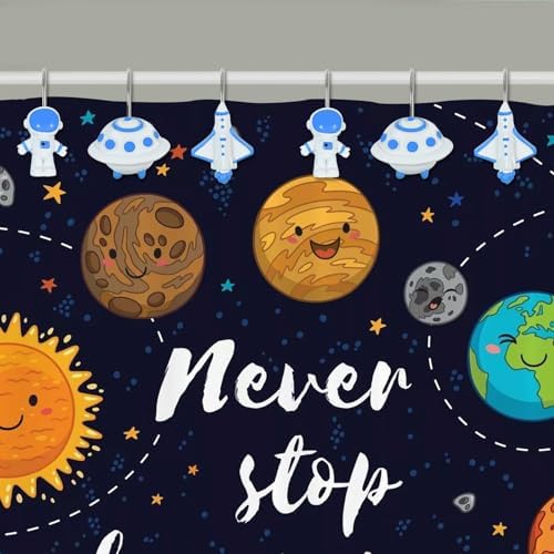12-Piece Outer Space Galaxy Rocket Planet Shower Curtain Hooks - Image 2