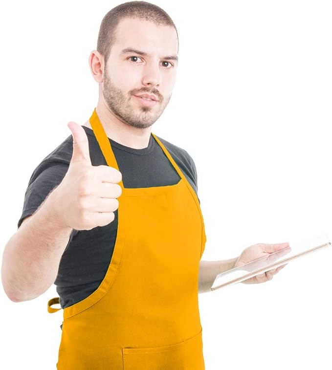 Total 15 PCS Plain Yellow Color Bib Aprons Bulk for Women Men Adult -Unisex Aprons with 2 Front Pockets (Yellow-15PCS)