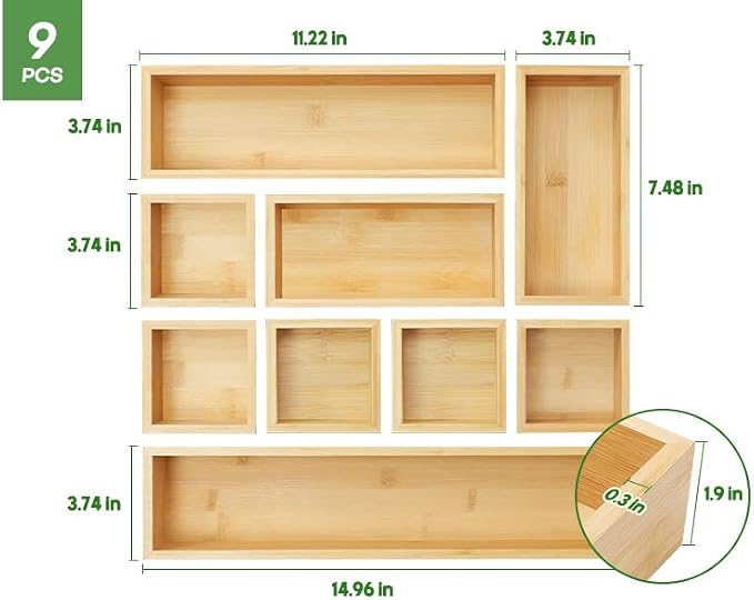 MapleGrace Bamboo Drawer Organizer Set, Storage Trays Containers - Image 7
