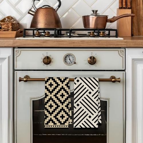 Beige Black and White Abstract Kitchen Towels, Neutral Dish Tea Towels - Image 3