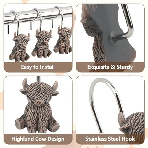12 Pcs Highland Cow Shower Curtain Hooks, Vintage Resin Shower Curtain Hangers - Image 4