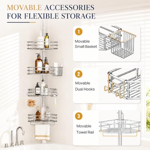 SEIRIONE Corner Shower Caddy Tension Pole, Quick Setup, Rust-Free Bathroom - Image 4