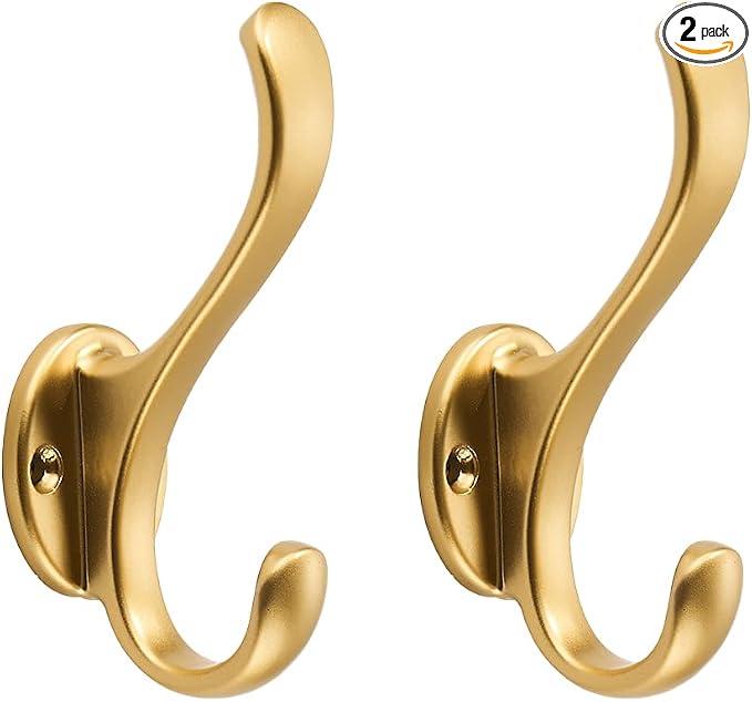 2 Pack Brushed Gold Coat Hooks Wall Mount Heavy Duty Utility Retro Double Hooks by khtumeware