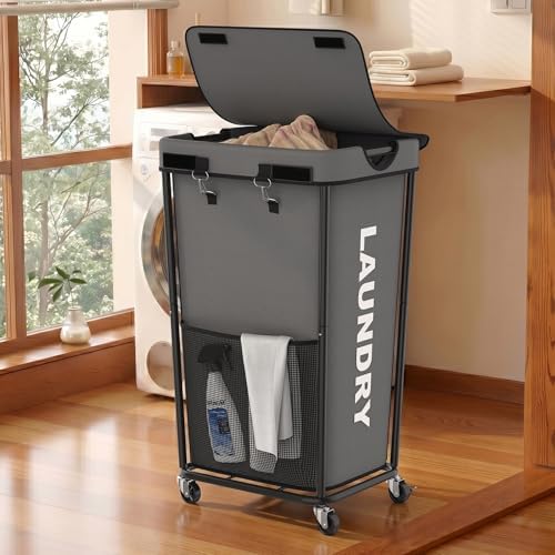 Laundry Hamper with Wheels and Lid, 110L Large Rolling Laundry Basket Gray by OLLDIDE