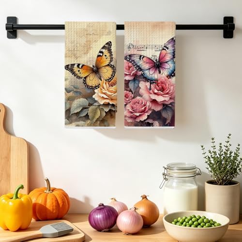 2 Pcs Vintage Butterfly Kitchen Towels, Flower Soft Absorbent Hand Towels - Image 4