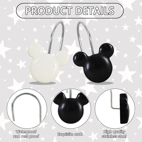 12-Piece Black White Mouse Shower Curtain Hooks - Image 4