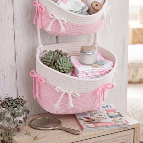 Sawysine Pink Bow Hanging Basket Woven 3 Tier Wall Mounted Storage Basket - Image 5