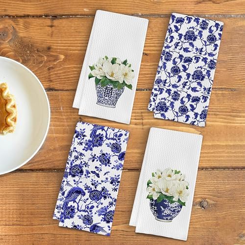 Blue and White Porcelain Chinoiserie Kitchen Towels Set of 4 - Image 3