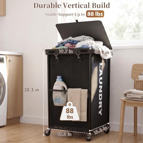 Laundry Hamper with Wheels and Lid, 150L Large Rolling Laundry Basket Black - Image 5