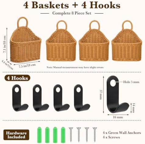 4 Pcs Hanging Wicker Baskets for Wall, - Image 3