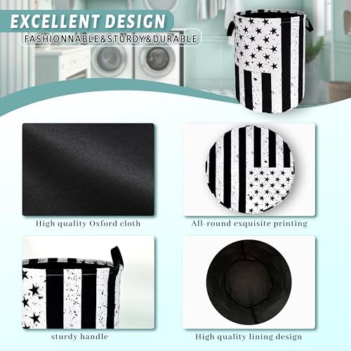 Black White US Flag Laundry Basket Oxford Cloth Foldable Hamper 18.9x16.5In - Image 4