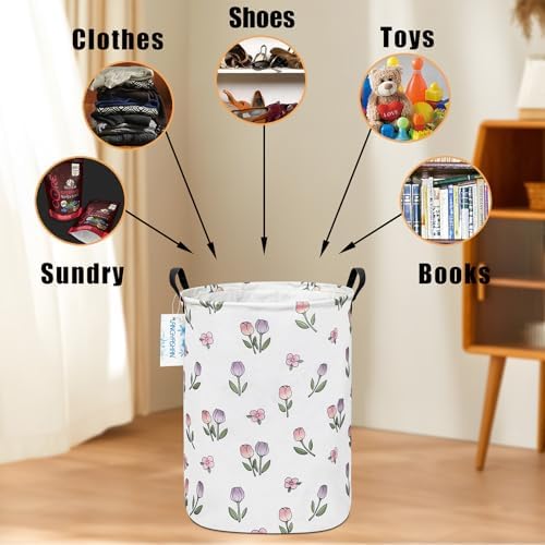 Round Laundry Basket Collapsible Storage Hamper Organizer Romantic Tulip - Image 4