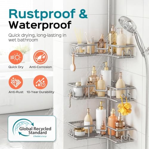 HAMITOR Corner Shower Shelves, 4-Tier Metal Tension Pole Caddy - Image 2