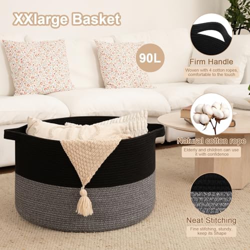 OIAHOMY 90L XXXLarge Blanket Basket Living Room Laundry Basket Black&Grey - Image 4