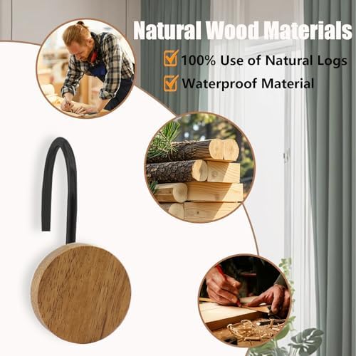 Shower Curtain Hooks, Wood Decorative Shower Curtain Rings, Modern Round Log - Image 2
