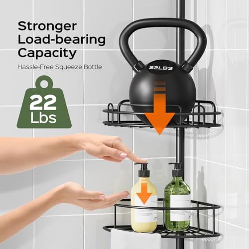 HAMITOR Corner Shower Caddy Tension Pole: No-Drill Rustproof Bathroom Shelf - Image 2