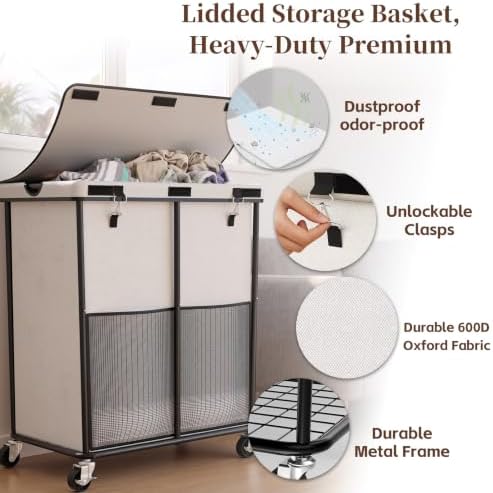 Laundry Hamper with Wheels and Lid, 225L Large Rolling Laundry Basket White - Image 4