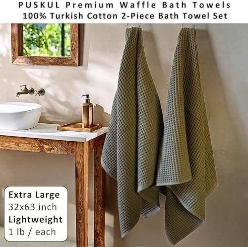 PÜSKÜL Natural 100% Turkish Cotton Waffle Bath Towels Set of 2, Extra-Large - Image 4