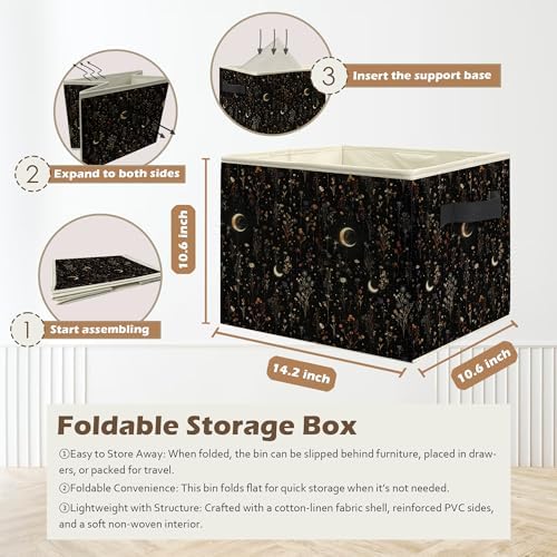 Dark Witchy Moon Floral Storage Box Bins, Mystical Gothic Wildflower Botanical - Image 3