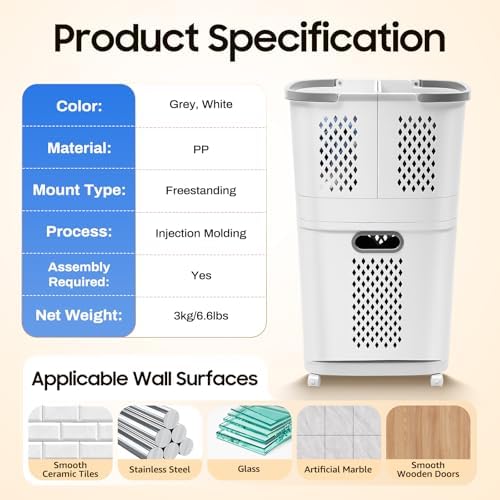 2 Tier Rolling Laundry Hamper Sorter, Portable Plastic Laundry Hamper Basket - Image 4