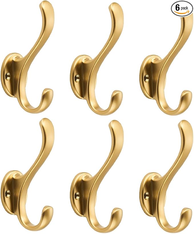 6 Pack Brushed Gold Coat Hooks Wall Mount Heavy Duty Utility Retro Double Hooks by khtumeware