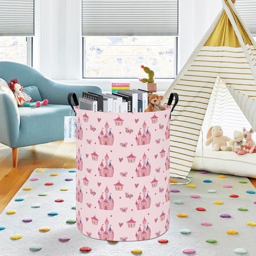 Round Laundry Basket Collapsible Storage Hamper Pink Castle - Image 7