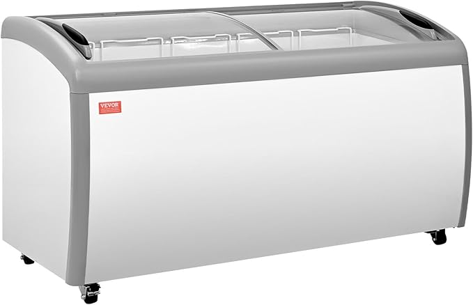 VEVOR Commercial Ice Cream Display Case, 16.3 Cu.ft Chest Freezer, -19 to 3℉ Temp Adjustable Mobile Top Deep Freezer with 5 Wire Baskets, 2 Sliding Glass Doors, Locking Casters & LED Strip Lighting