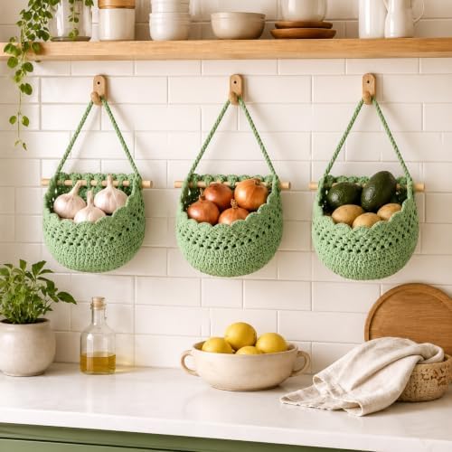 Honeydak 3 Hanging Baskets, Sage Green, Cotton Rope - Image 2
