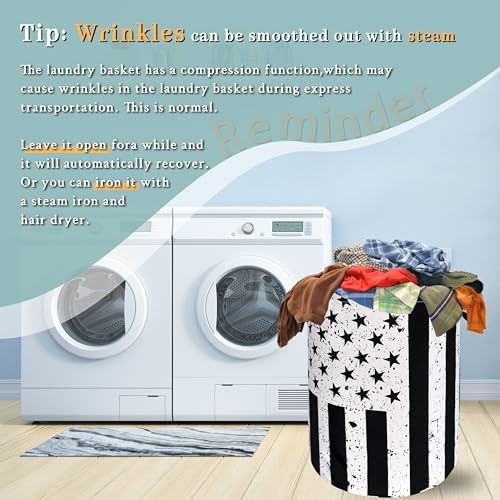 Black White US Flag Laundry Basket Oxford Cloth Foldable Hamper 18.9x16.5In - Image 6