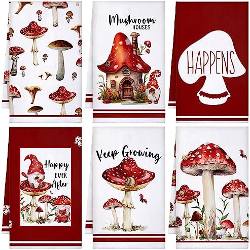Sunnyray 6 Pack Mushroom Kitchen Towels, Absorbent Microfiber Gnome Dish Towels by Sunnyray