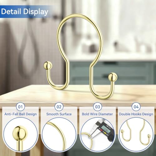 OEH Shower Curtain Hooks, Metal Shower Curtain Hangers, Double Hook Gold Shower - Image 4
