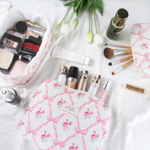 BuyCard Quilted Makeup Bag Set, CuteFloral Cotton Coquette Makeup Bag Toiletry - Image 6