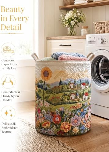 Quilted Laundry Basket with Handles, Boho Floral Quilted Storage Hamper - Image 3