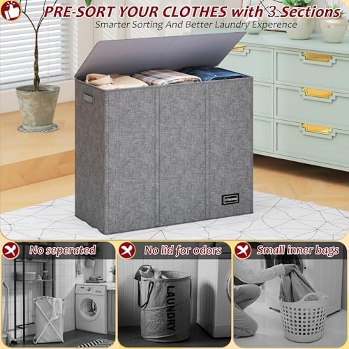 195L Laundry Hamper 3 Section, Large Laundry Hamper - Image 3