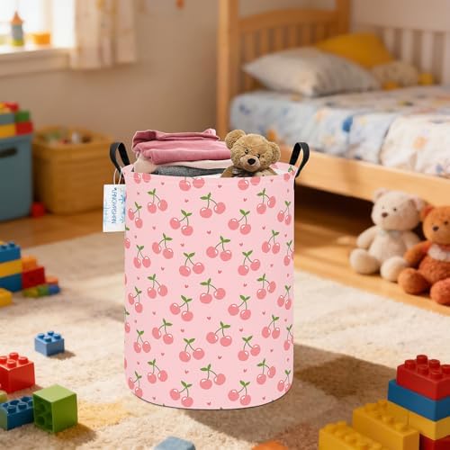 Round Laundry Basket Collapsible Storage Hamper Organizer Pink Cherry - Image 7