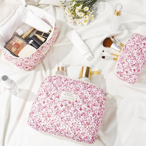 BuyCard Quilted Makeup Bag Set, CuteFloral Cotton Coquette Makeup Bag Toiletry - Image 6