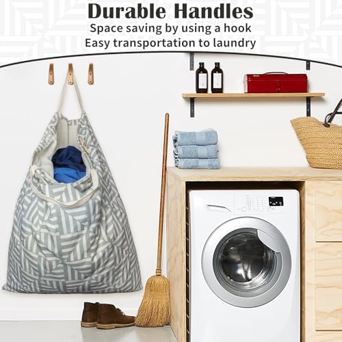 Canvas Laundry Bag with Handles & Drawstring, XL 33"Wx 35"H, Geometry Gray - Image 4