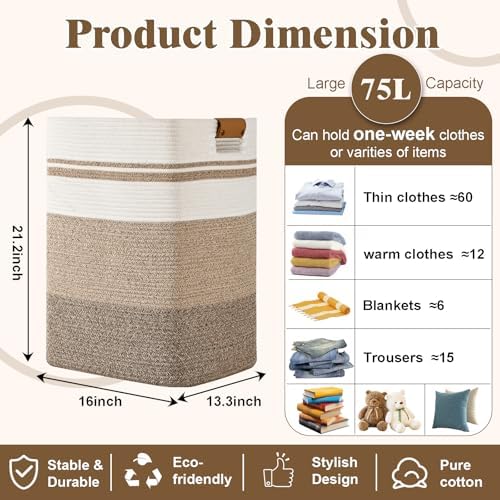 Laundry Hamper, 75L Tall Laundry Basket - Image 3