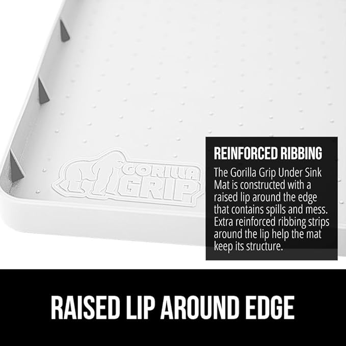 GORILLA GRIP Waterproof Silicone Under Sink Mat with Raised Lip for Kitchen and Bathroom, Cabinet Shelf Liner Stay in Place Mats Dishwasher Safe Drawer Liner, Organizer Tray, 19 x 22 in, White