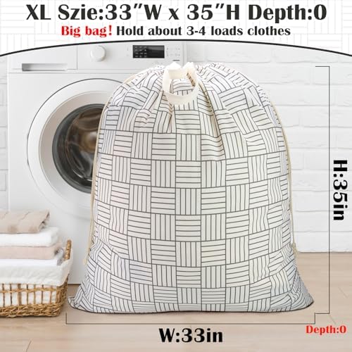 Canvas Laundry Bag with Handles & Drawstring, XL 33"Wx 35"H, Geometry Grid - Image 2