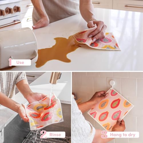 Papaya Swedish Dishcloths for Kitchen, 2 Reusable Paper Towels, 1 Hook - Image 4