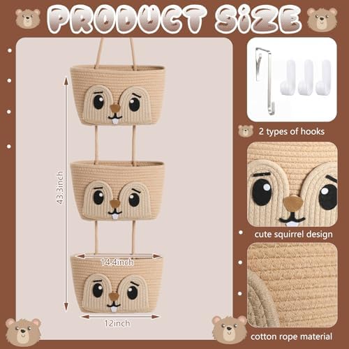 Squirrel Nursery Decor 3 Tier Cotton Rope Hanging Basket Organizer Squirrel - Image 2