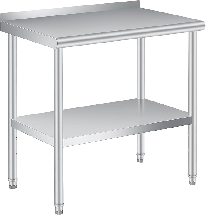 Stainless Steel Prep Table, 30 x 24 Inches, with Backsplash, Adjustable Undershelf, Commercial Heavy Duty Table with Adjustable Under Shelf for Outdoor Use,Restaurants,Hotels,Works