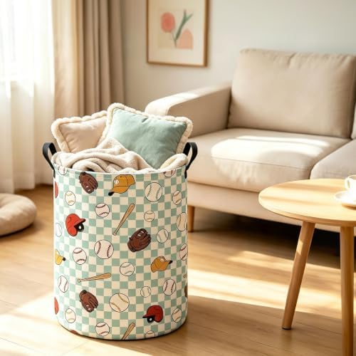 Round Laundry Basket Collapsible Storage Hamper Green Grid Baseball - Image 7