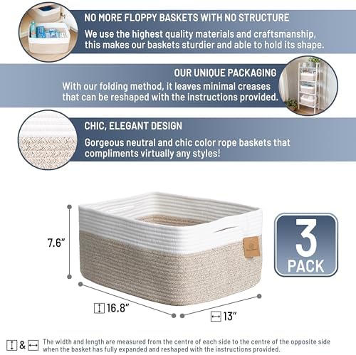 NaturalCozy Storage Baskets 16.8”x13”x7.6” Cotton Rope Woven Baskets - Image 2