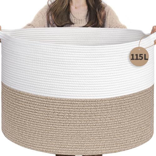 INDRESSME 115L Extra Large Woven Rope Blanket Basket Living Room LightBrown by INDRESSME
