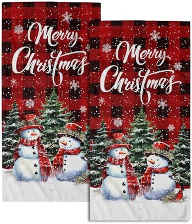 Xmas Snowman Small Bathroom Towels Set Merry Christma Black Red Buffalo Plaid by Granbey